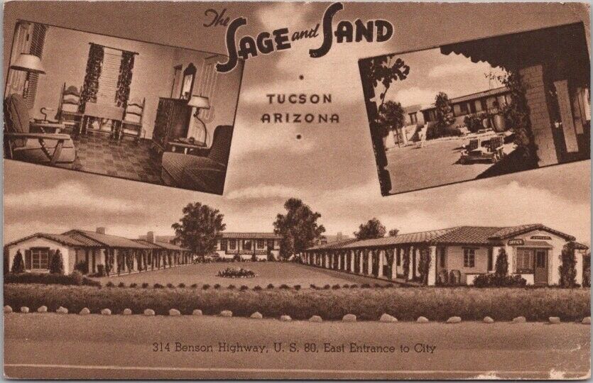 c1950s TUCSON, Arizona Postcard SAGE AND SAND MOTEL Highway 80 Roadside - Unused