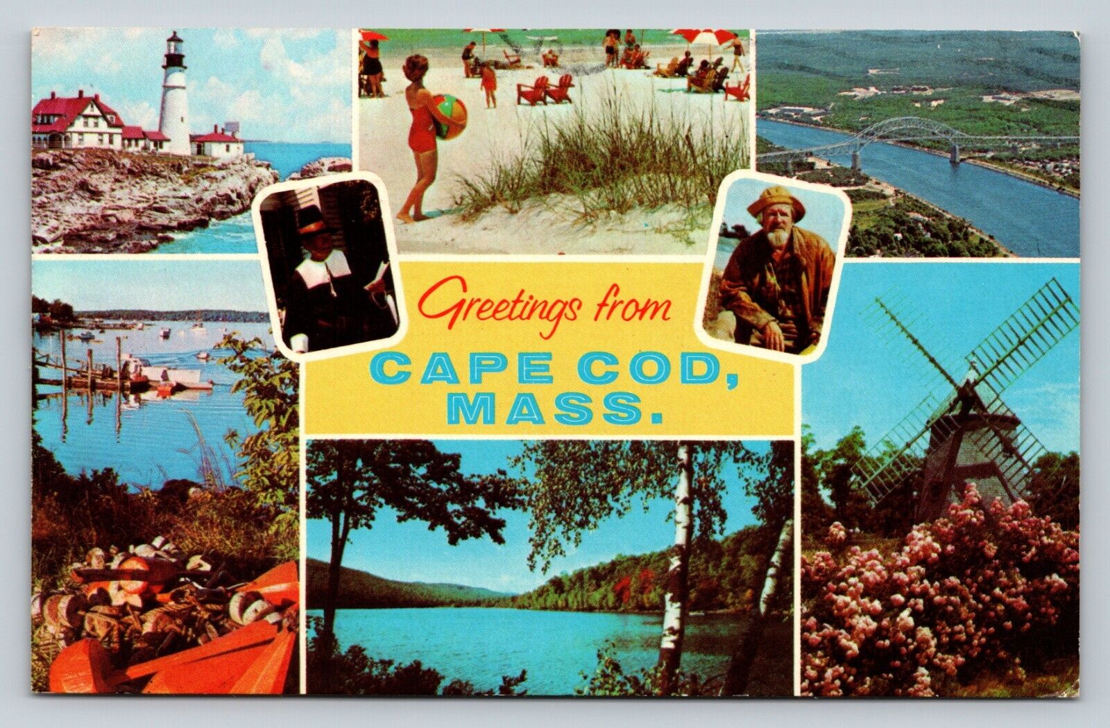 Greetings From Cap Cod Massachusetts Tourist Attractions Shown VINTAGE Postcard