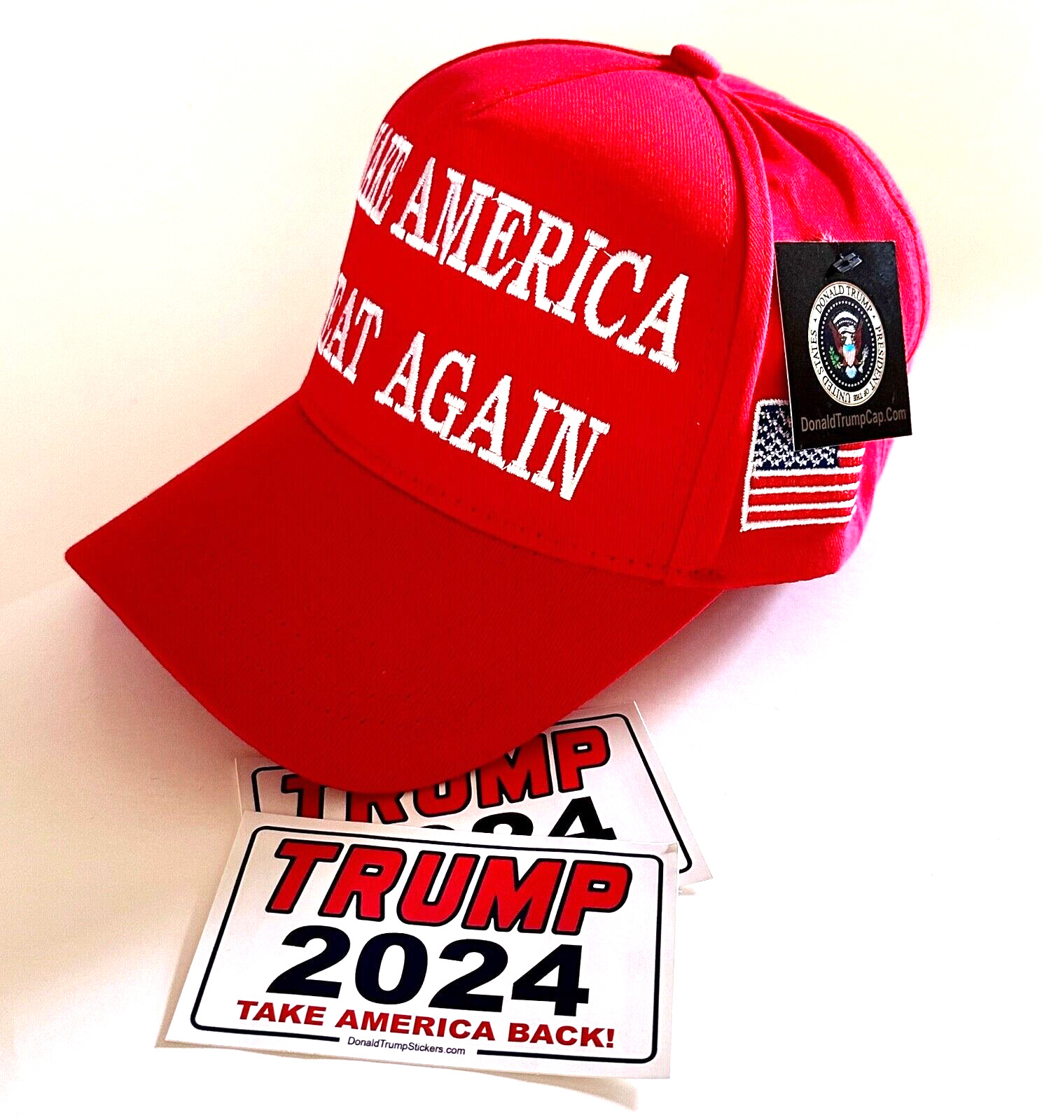 2 President Donald Trump Hat..2024..Make America Great Again.MAGA.Red + 2 Decals