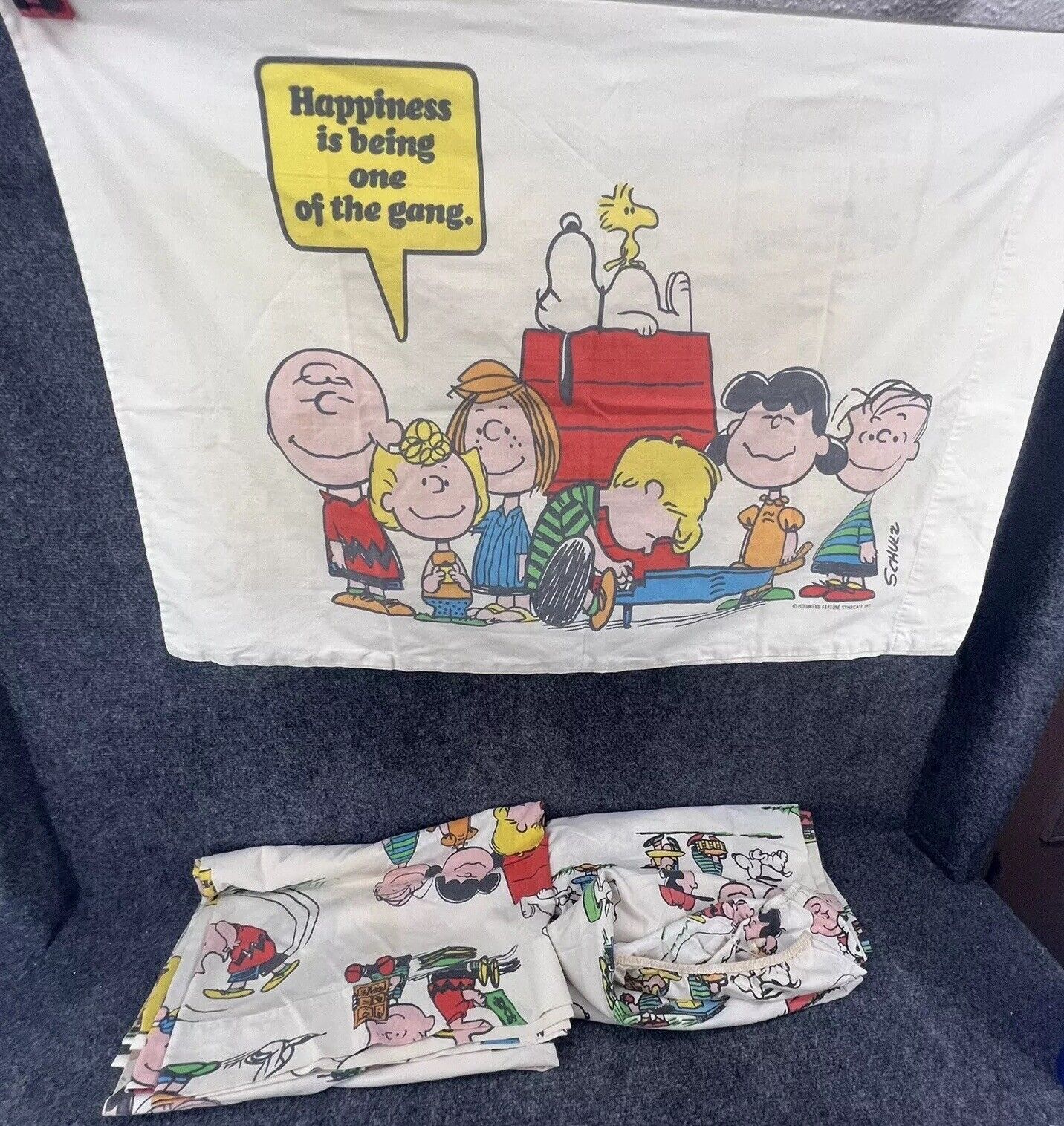 1971 Peanuts sheet set (3) Twin Flat & Fitted Sheets Pillowcase Happiness Gang