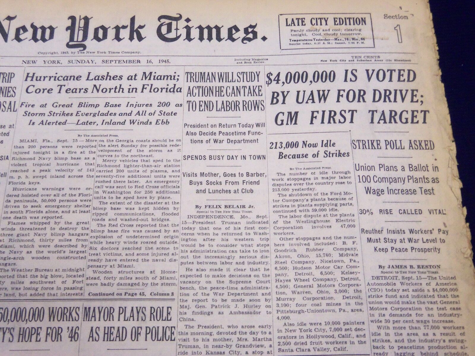 1945 SEPT 16 NEW YORK TIMES $4,000,000 IS VOTED BY UAW FOR GM IST TARGET- NT 297