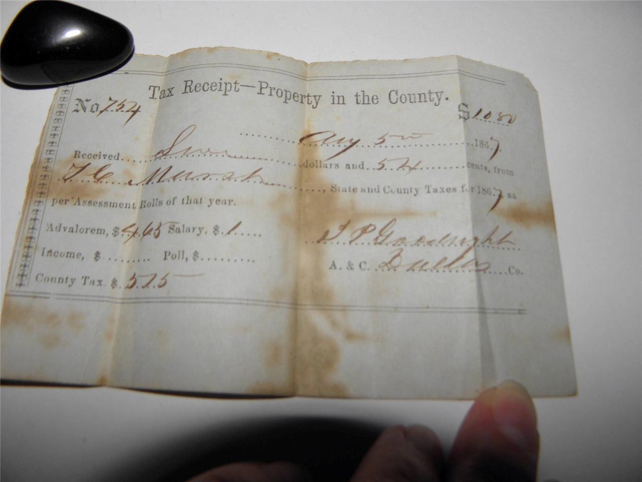Antique 1867 Original TAX RECEIPT Handwritten DALLAS TEXAS Property County MINT