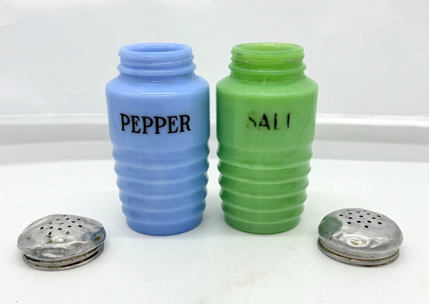 Milk Glass Salt & Pepper Shakers Jadeite Green Delphite Blue Ribbed Beehive Vntg