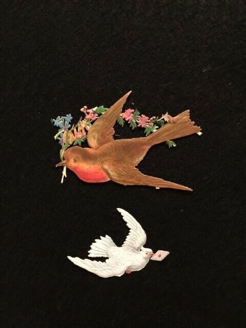 1890\'S BEAUTIFUL VICTORIAN DIE-CUT EMBOSSED ROBIN AND DOVE