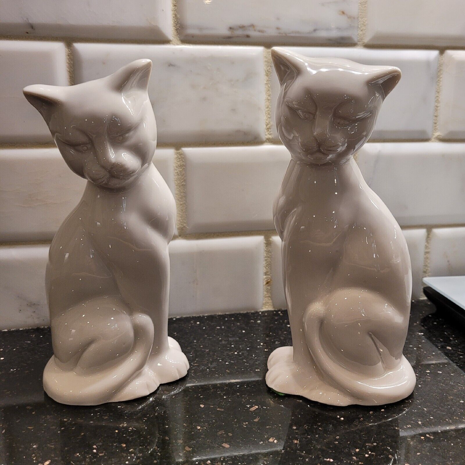 Vintage MCM Pair of Ceramic White Cats Home Decor  