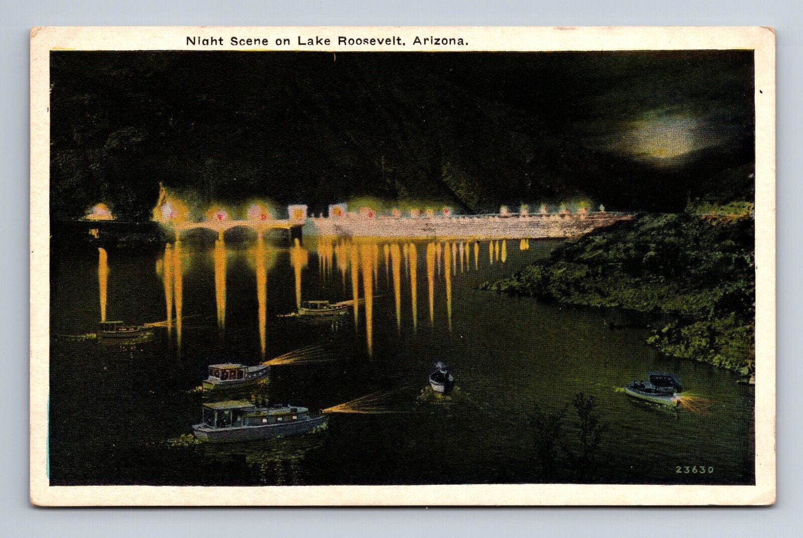 Night Scene Lights and Boats on Lake Roosevelt Arizona Postcard