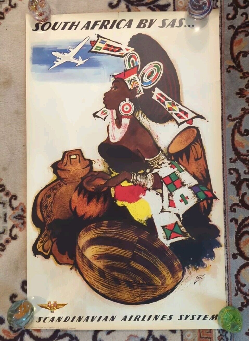 RARE Original Vintage 1950s SAS Scandinavian Airlines System SOUTH AFRICA Poster