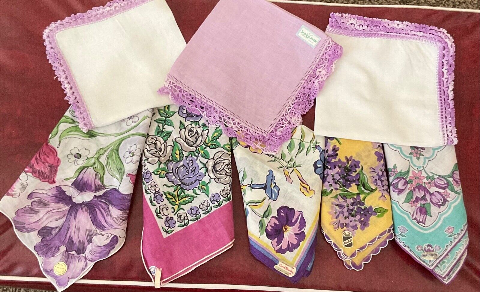 Vintage Lot of 8 Hankerchiefs* All w/ Shades of Lavender * Floral* 5 unused