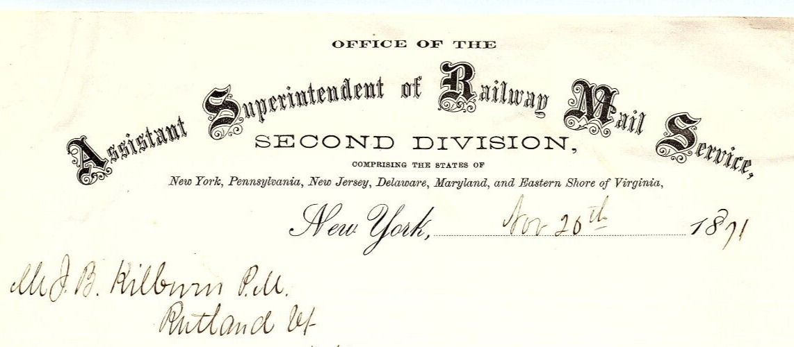 1871 ASSISTANT SUPERINTENDENT OF RAILWAY MAIL SERVICE NY LETTER BILLHEAD Z4218