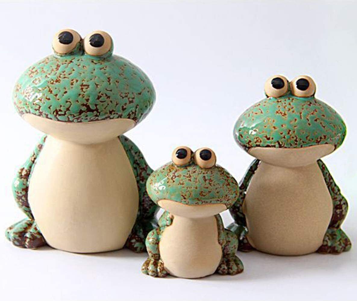Frog Family Figurines Porcelain Statues Ceramic Sculptures Set of 3 pcs Green
