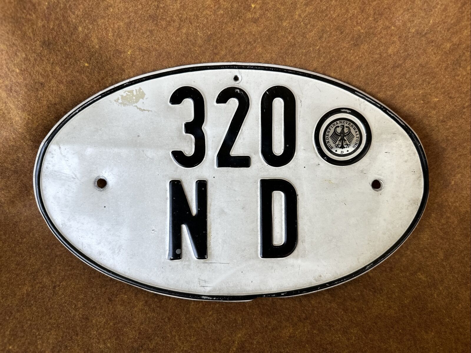 Vintage German Oval Metal Vehicle License Plate Bundesfinanzverwaltung 320 ND