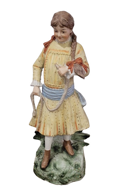 Antique German All Bisque Girl With Long Braids Holding Jump Rope Figurine