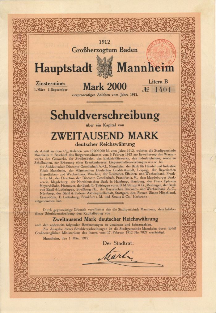 Hauptstadt Mannheim - 2,000 German Mark Bond - Foreign Bonds