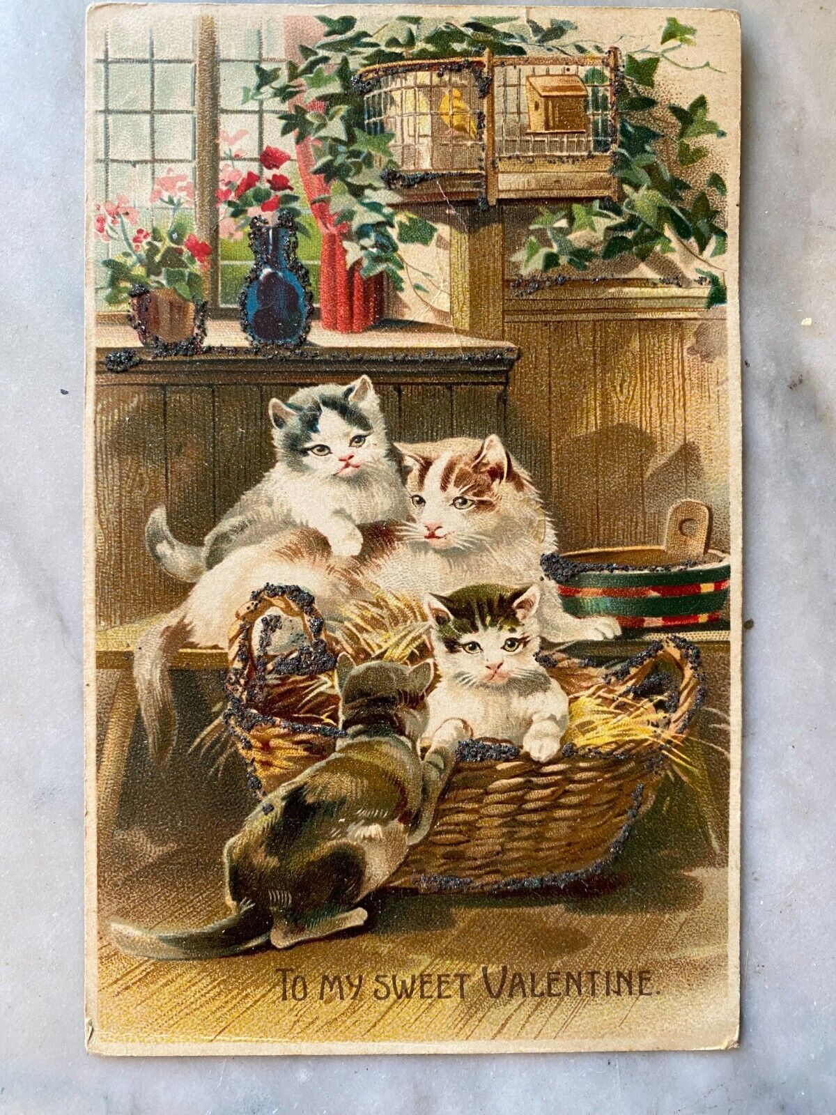 Artist Card Sweet Valentine 4 Kittens & Basket Glitter Vintage Postcard c 1910
