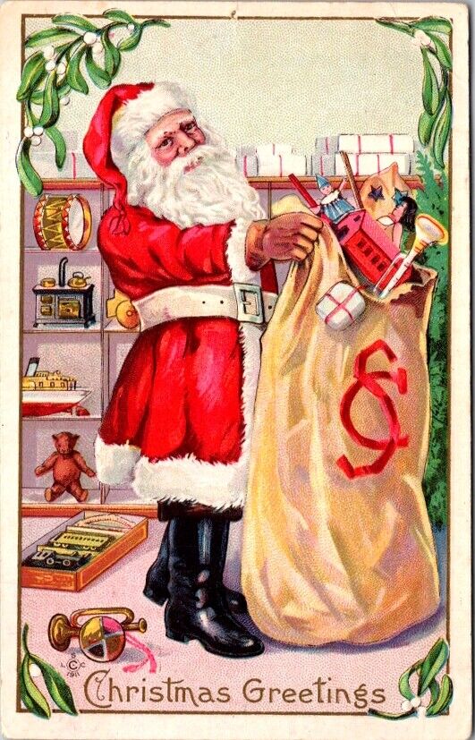 Postcard Christmas Greetings...Santa Fills His Bag with Toys c.1907-1915    Q531