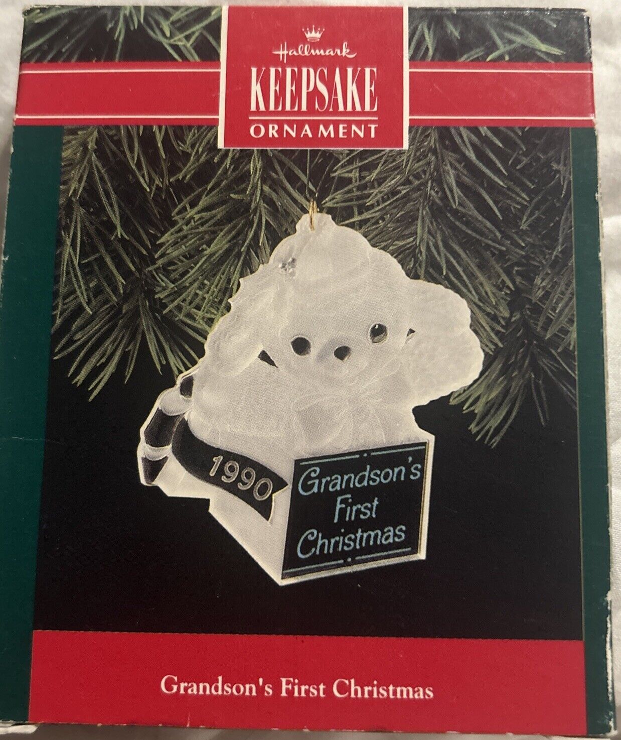 Vintage Hallmark Keepsake Grandsons First Christmas Dated 1990 Ornament Acrylic