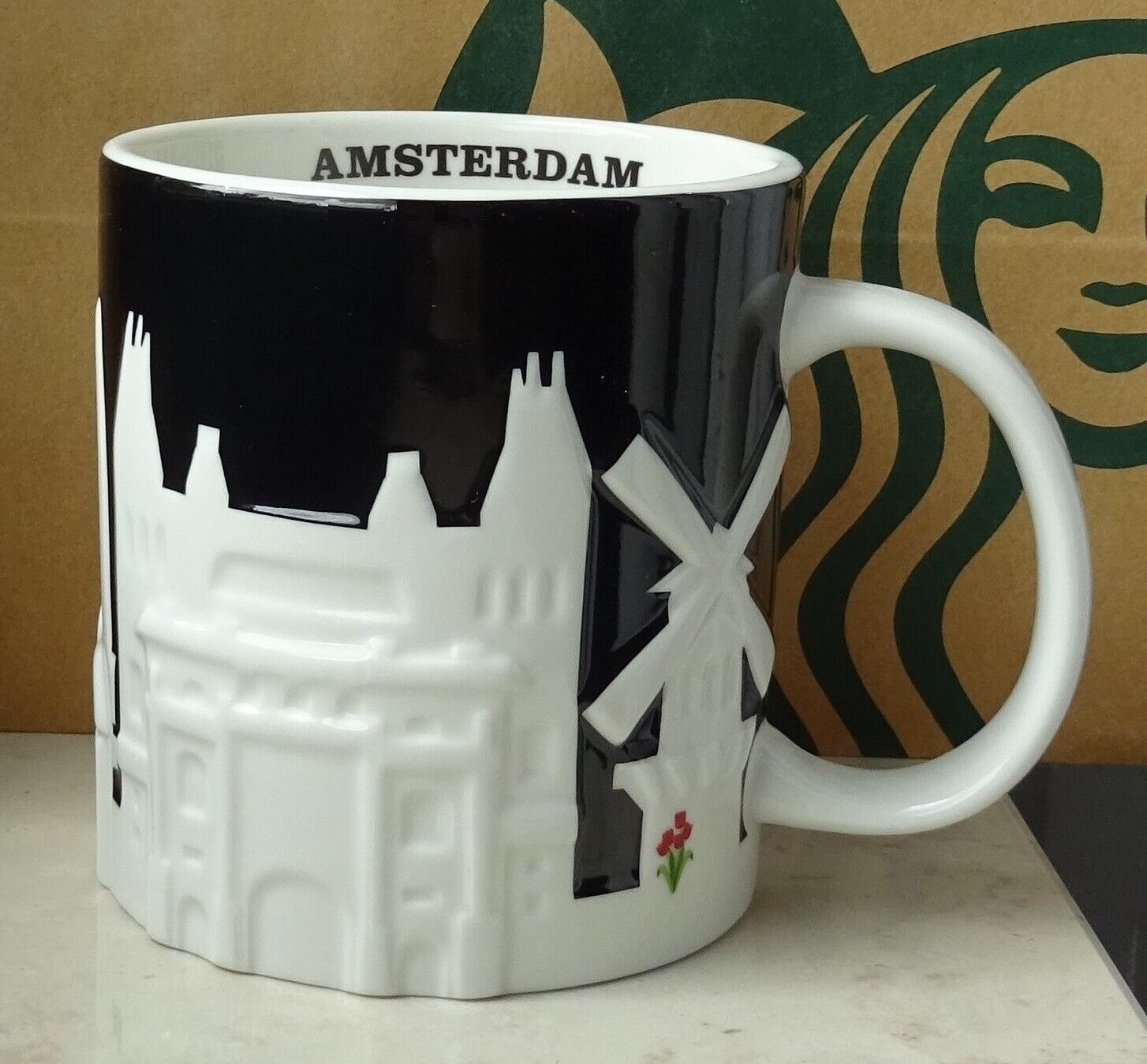 Starbucks City Mug Cup Relief Series Amsterdam Netherlands black white 16oz NEW