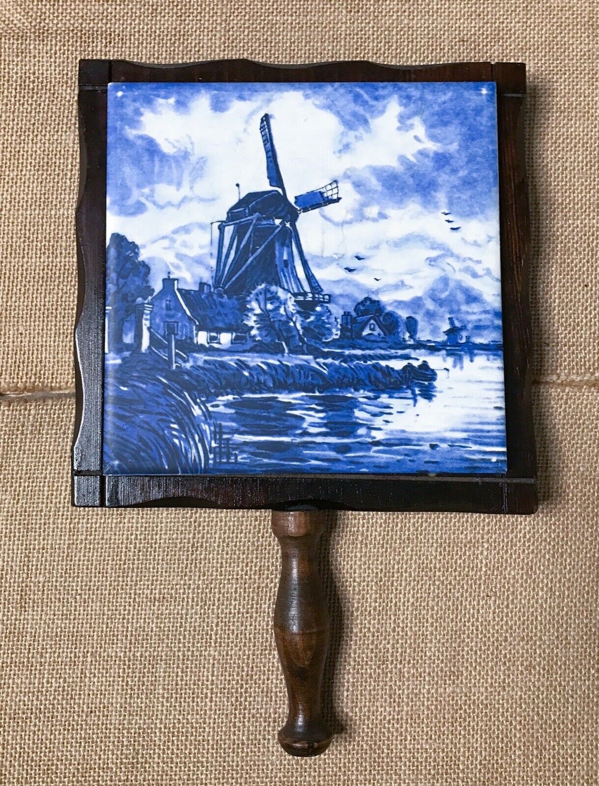 Vintage Wood And Tile Trivet w Handle Blue White Windmill AS IS READ