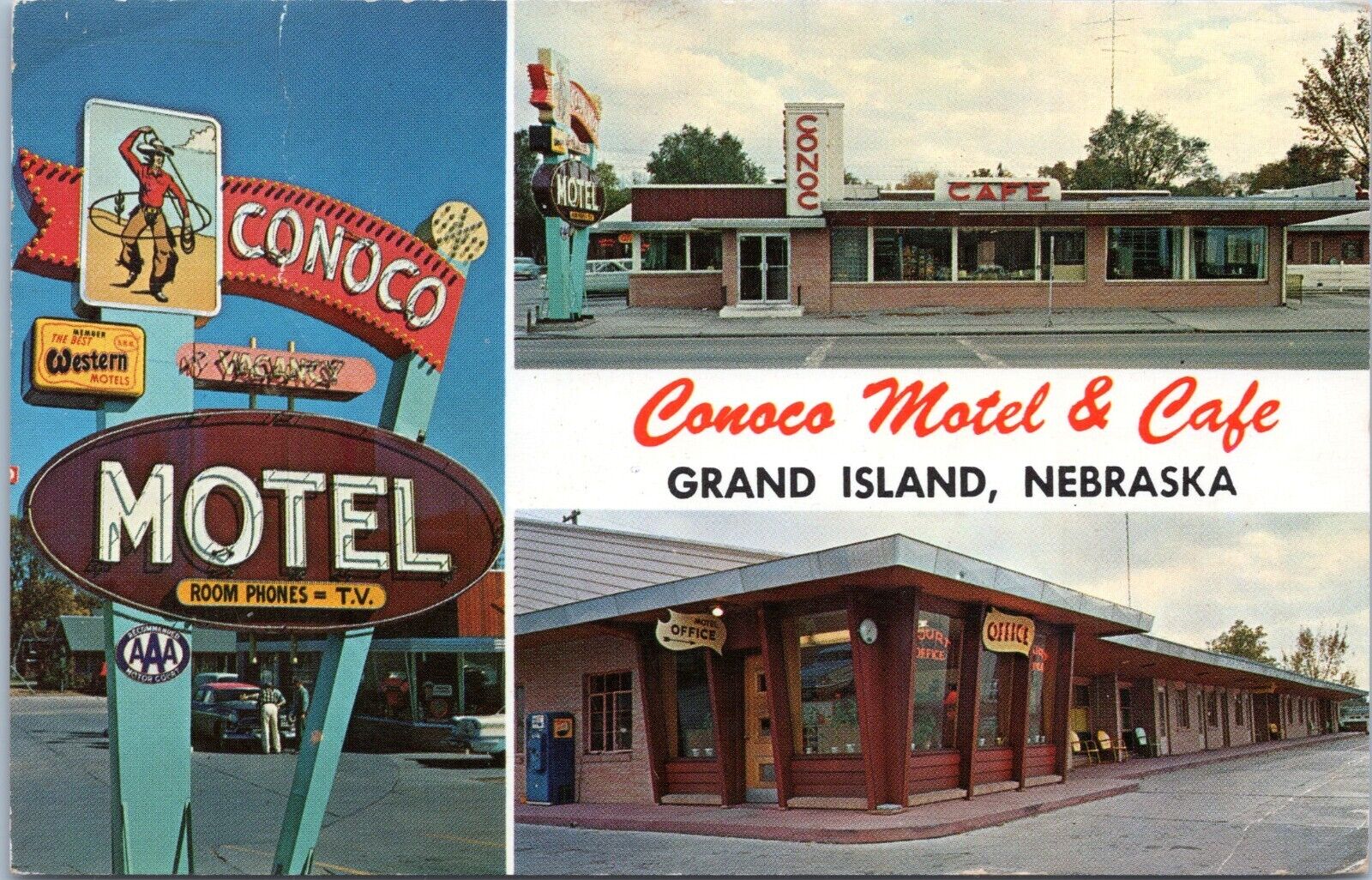 Conoco Motel, Cafe, Grand Island, Nebraska - 1964 Chrome Postcard- Pepsi Machine