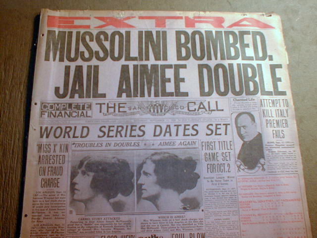 BEST 1926 hdlne newspaper wth EARLY ATTEMPT ASSASSINATE Italy Dictator MUSSOLINI