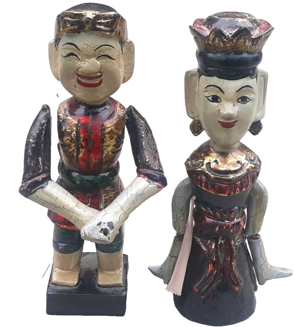 Excellent Pair Of Vintage 8 1/2 inch Chinese Asian Opera Wood Hand Puppets