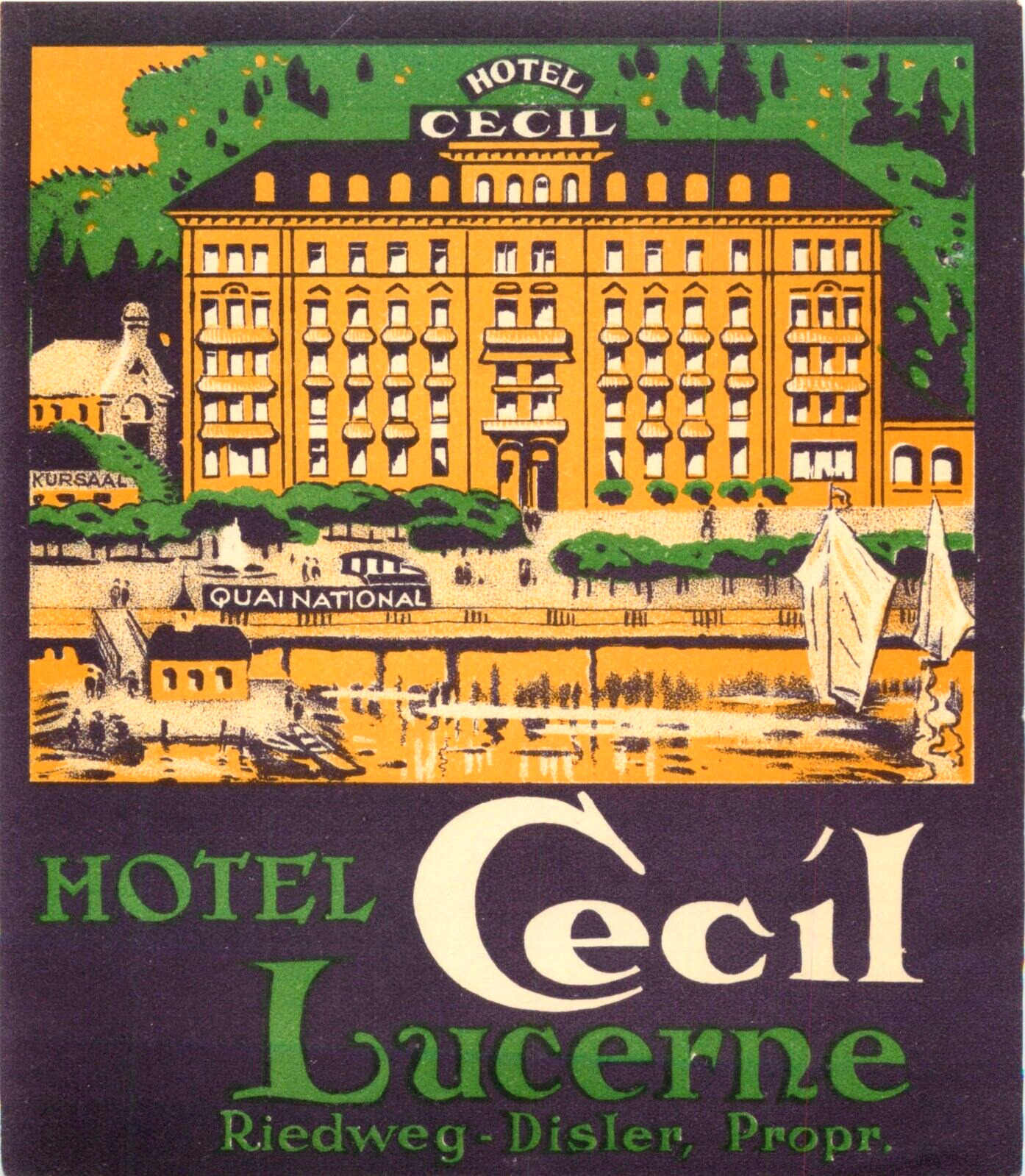 Hotel Cecil ~LUCERNE - SWITZERLAND~ Magnificent Old Luggage Label,  c. 1930