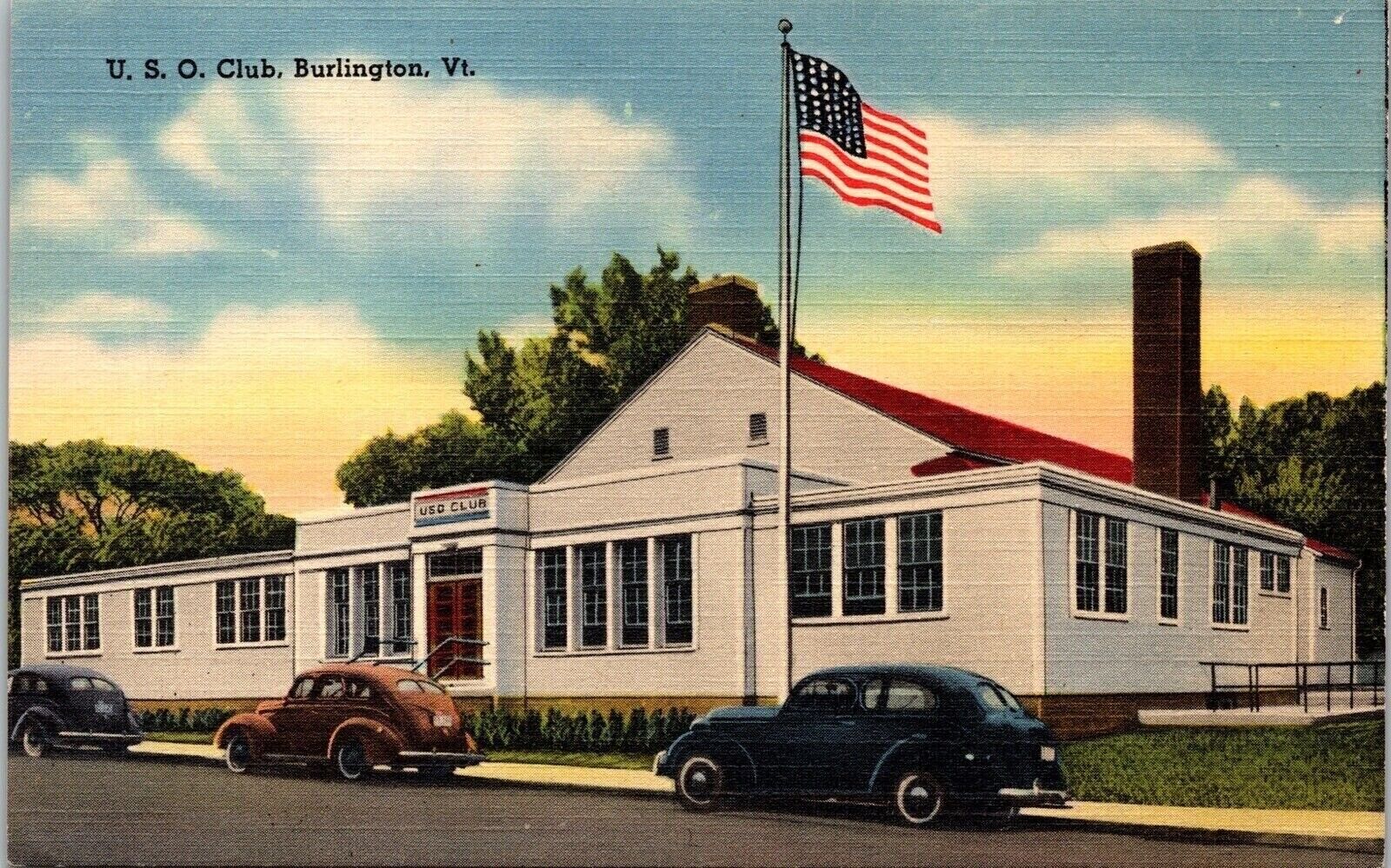 USO Club Building Streetview Vermont Old Cars American Flag Linen Postcard