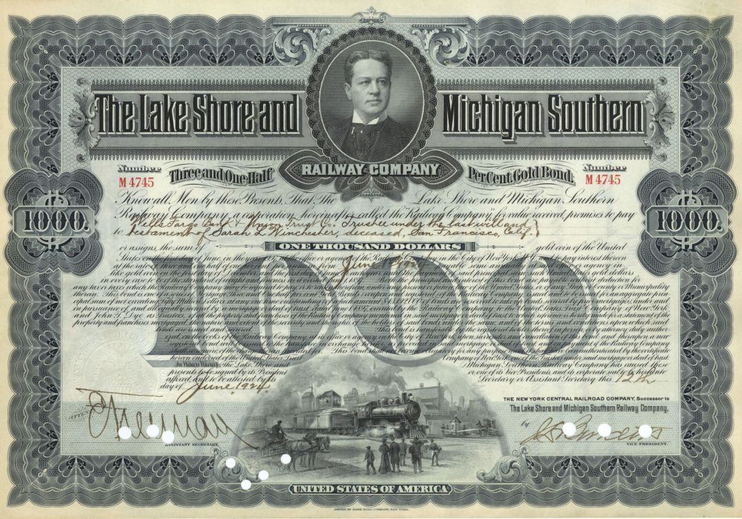 Issued to Sarah L. Winchester on Lake Shore & Michigan Southern Railway - 1924 d