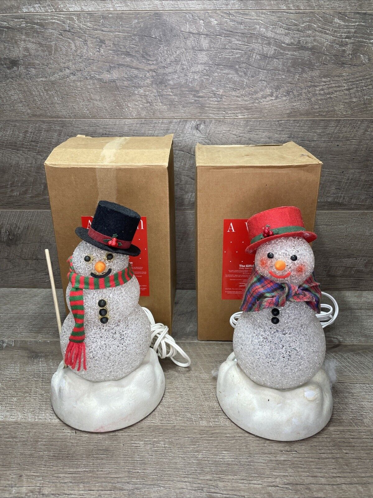 Vtg AVON Chilly Sam & Samantha Christmas Light Up Snowmen Melted Popcorn READ