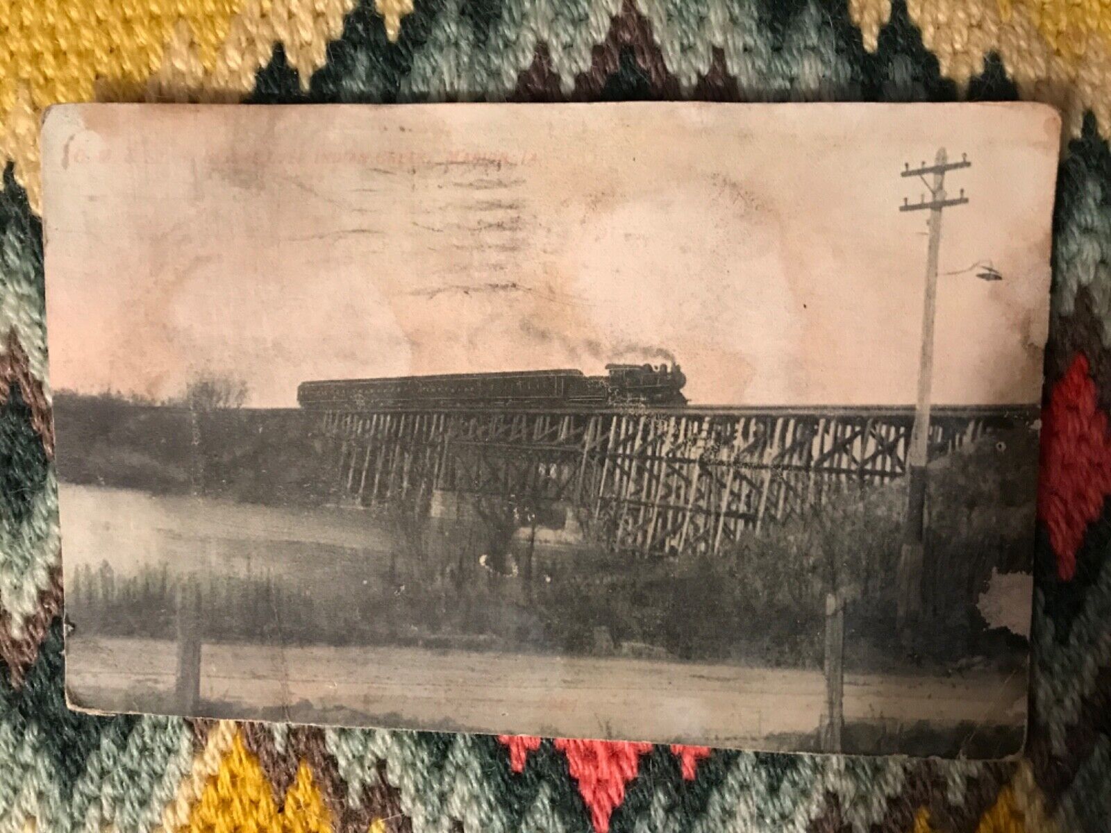 Antique 1909 Postcard - Train on Bridge - free postage