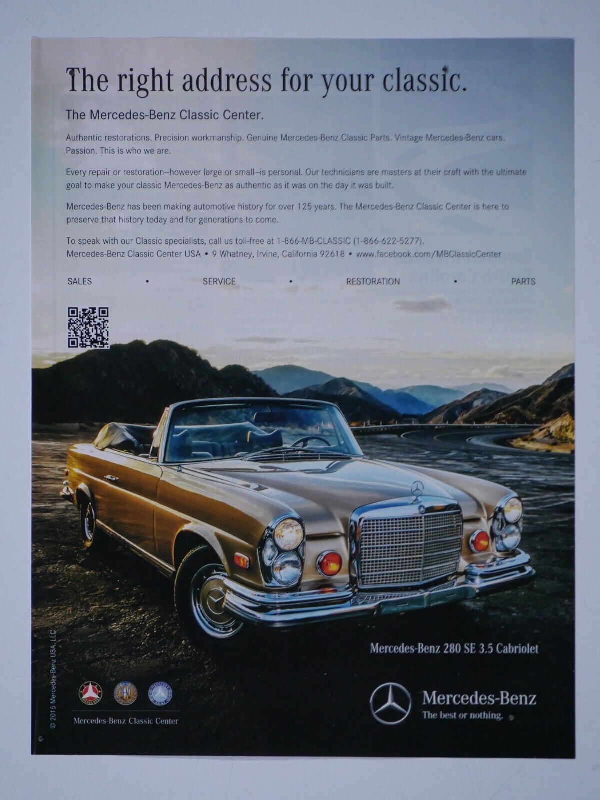 1971 Mercedes Benz 280 SE 3.5 Cabriolet 2016 MB Classic Original Print Ad