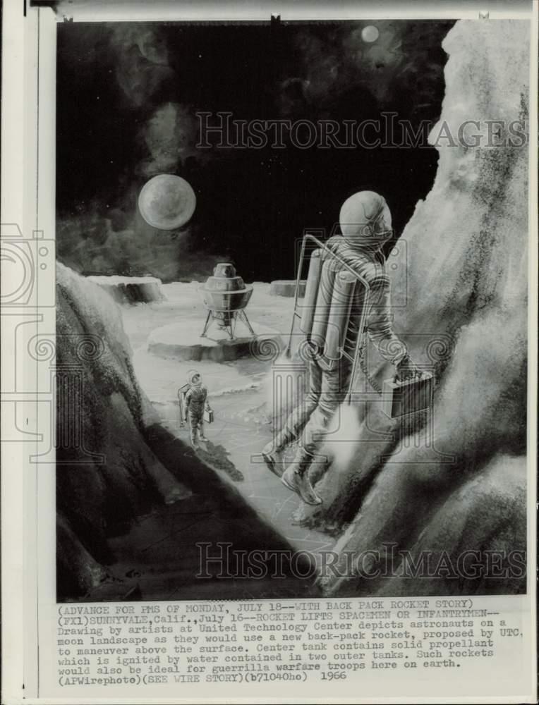 1966 Press Photo Artist\'s drawing of astronauts on a moon landscape - afa18672