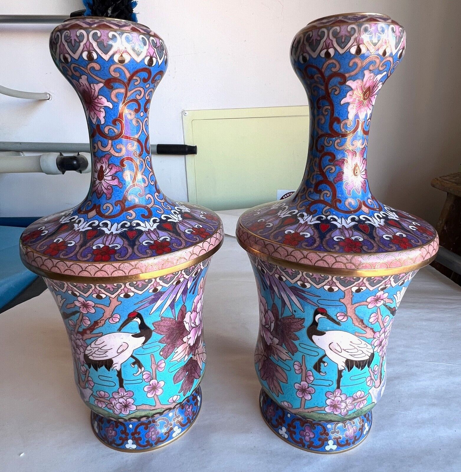 Rare Vintage Chinese JINGFA Cloisonne Vases Pair Cranes Flowers