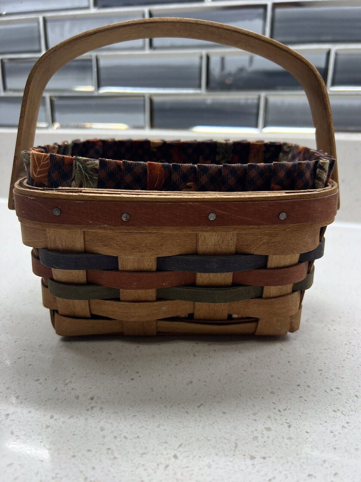 Longerberger Basket, Small, Wooden Bail Handle, Fabric Liner, Plastic Liner