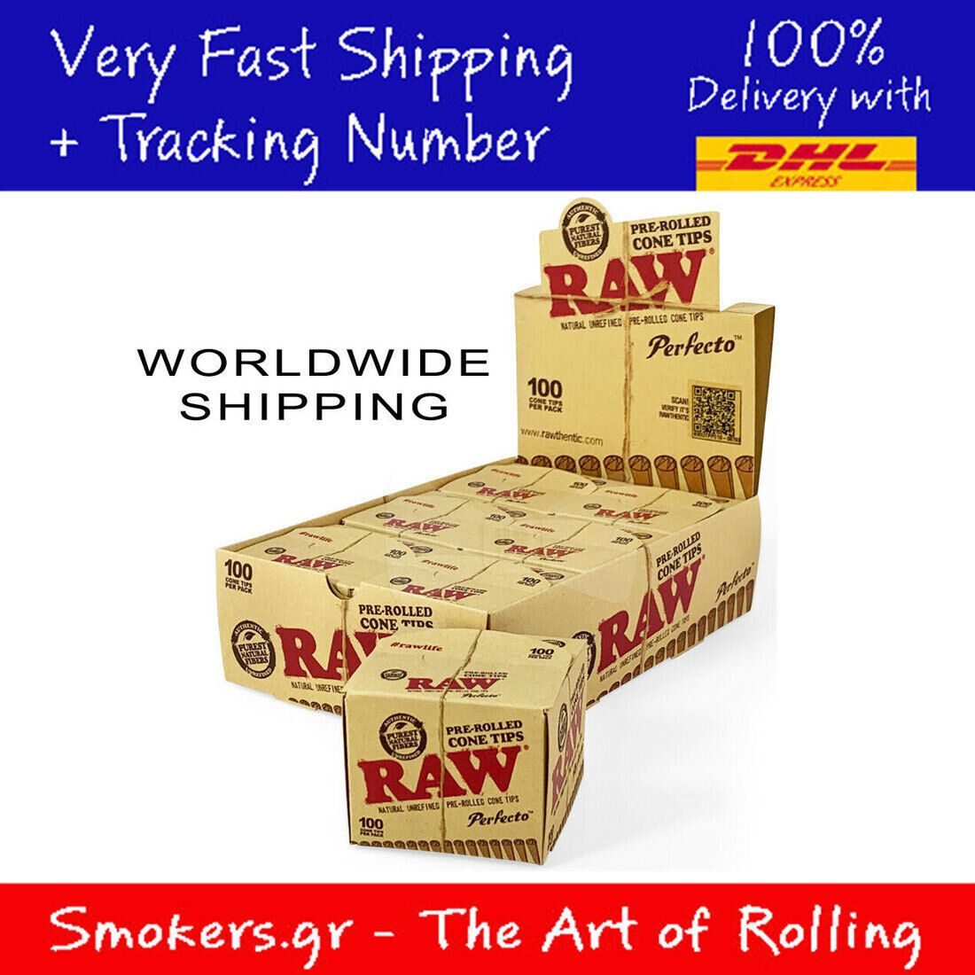 6x RAW  Perfecto Pre-Rolled Unrefined Cone Filter Tips (100 Pcs) -- FULL BOX --