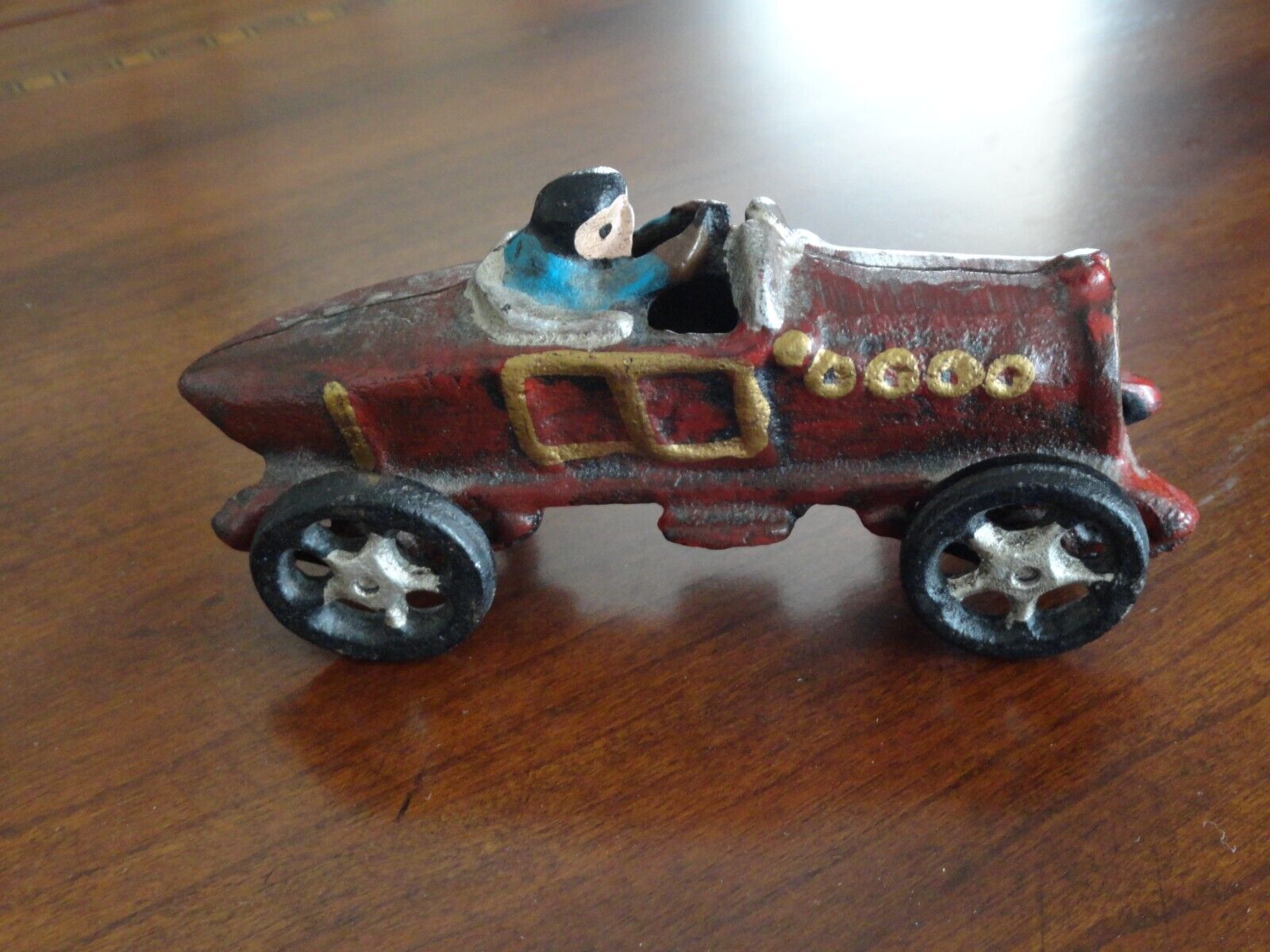 Vintage Miniature Cast Iron Hand Painted BOAT TAIL racing Car Antique Car Art