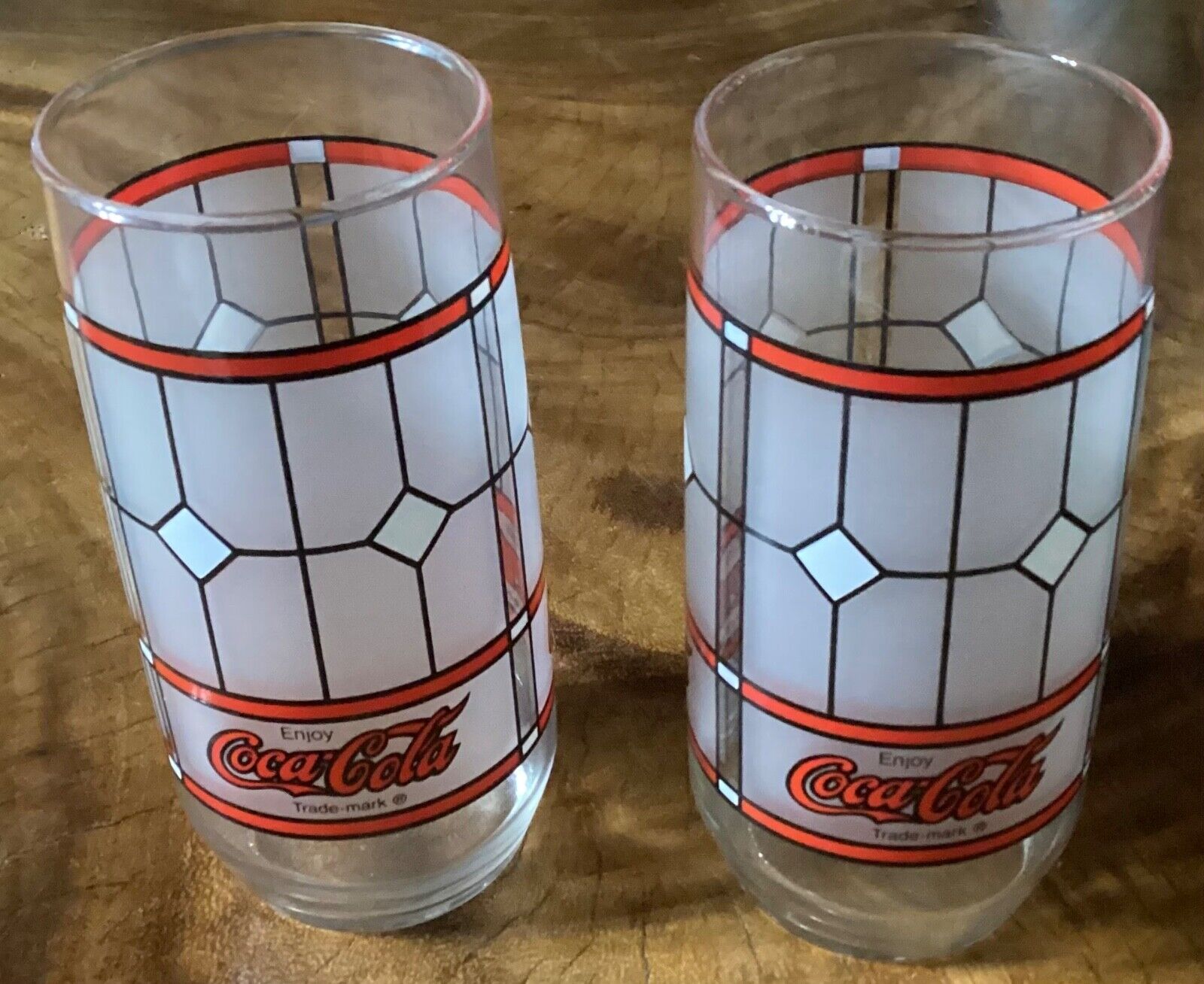 Set of 2 ~Coca Cola VINTAGE Tiffany Style Stained Frosted Glass Drinking Glasses