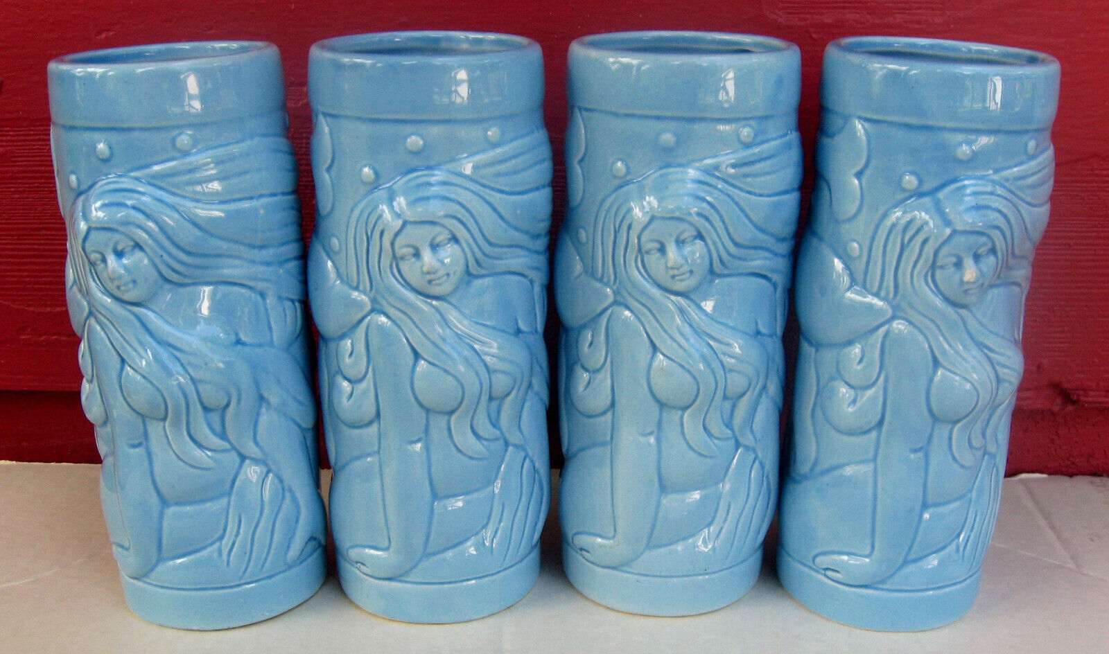 Set of 4 Blue Ceramic Mermaid & Dolphin Tiki Glasses