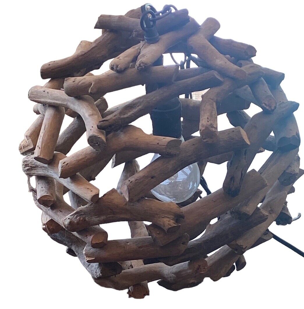 Vtg Driftwood Orb Chandelier Light Fixture Hand Crafted Rustic Cabin Camp 13x13