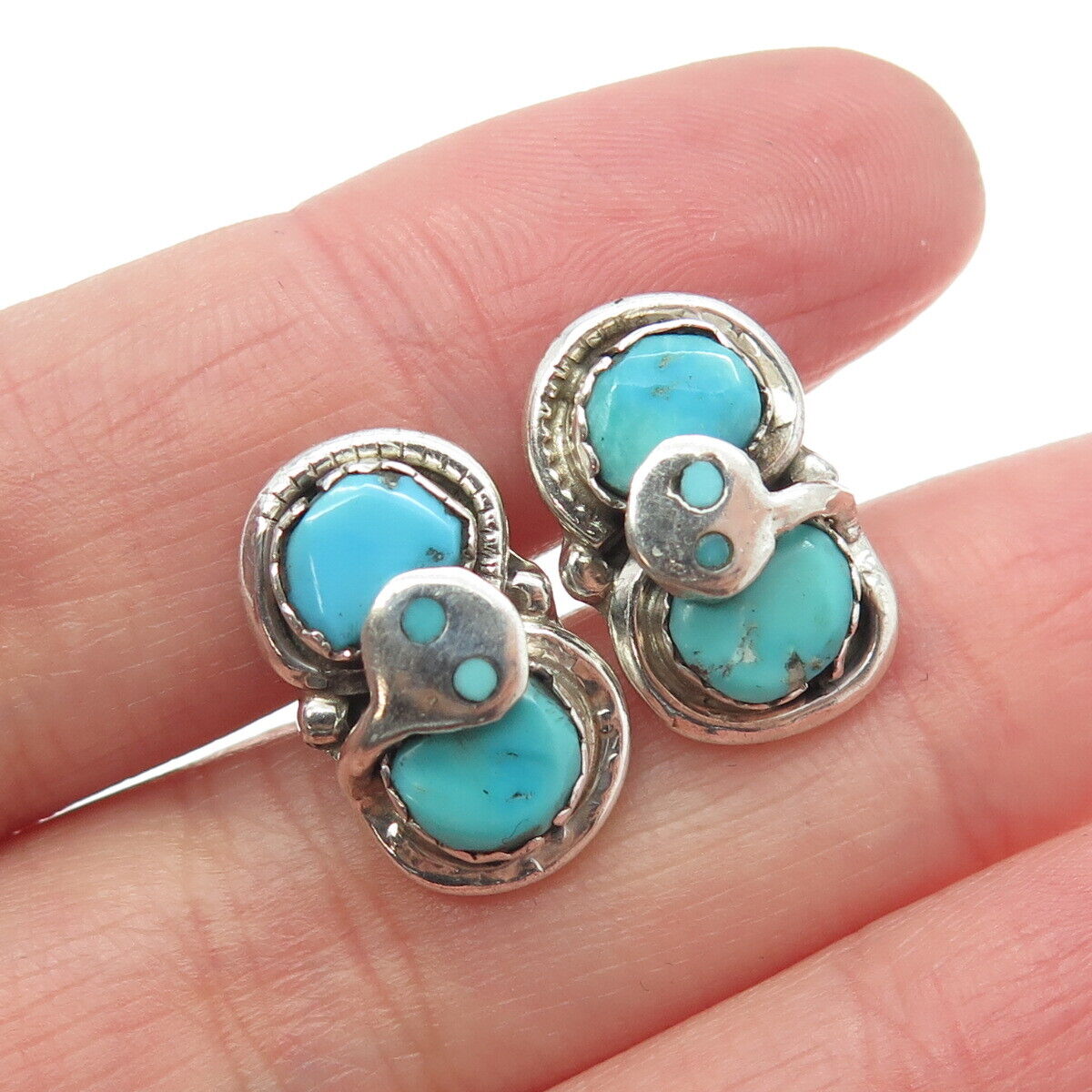EFFIE CALAVAZA ZUNI Old Pawn Sterling Silver Morenci Turquoise Snake Earrings