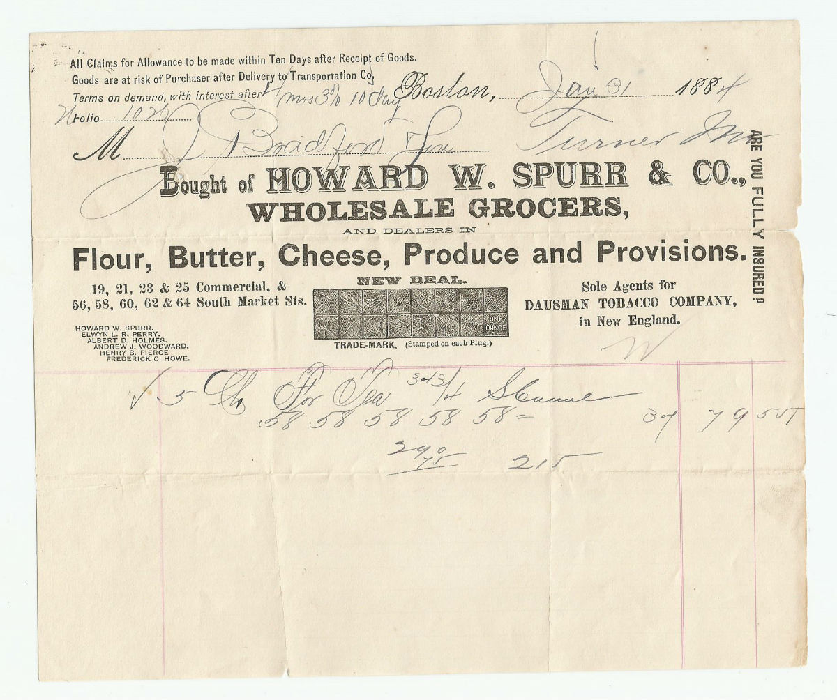 Howard W Spurr & Co Billhead 1884 Boston MA Wholesale Grocers Provisions Tobacco