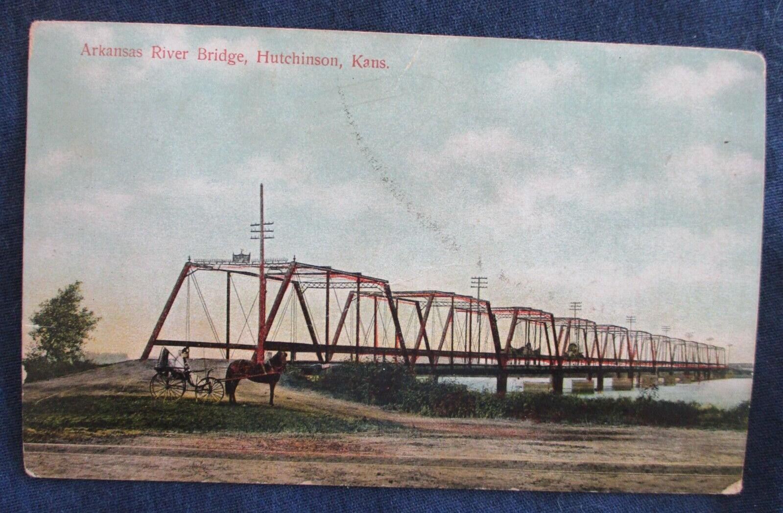 1912 Hutchinson Kansas Arkansas River Bridge Postcard & Cancel
