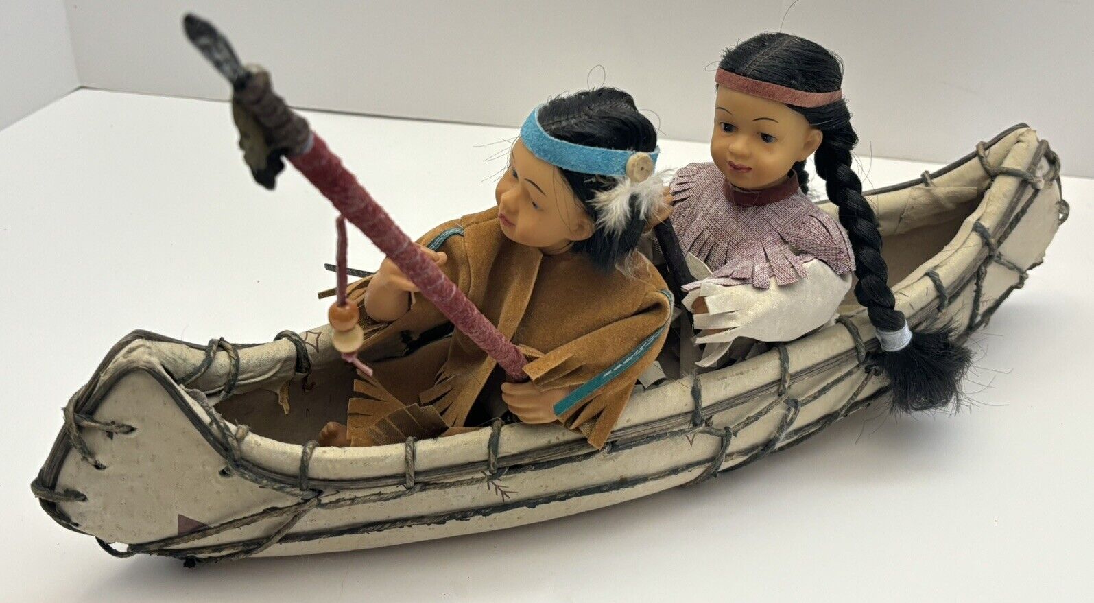 Native American Figures Resin Suede Canoe Collectible With Spear And Oar