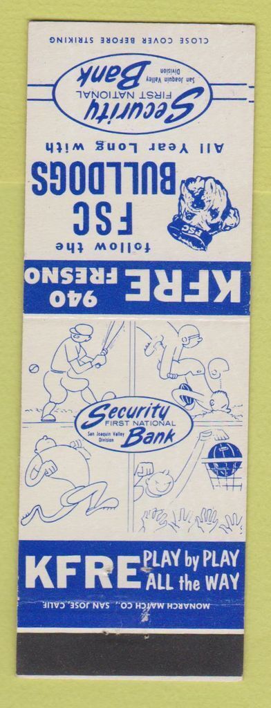 Matchbook Cover Security National Bank Fresno CA Fresno State Sports KFRE Radio