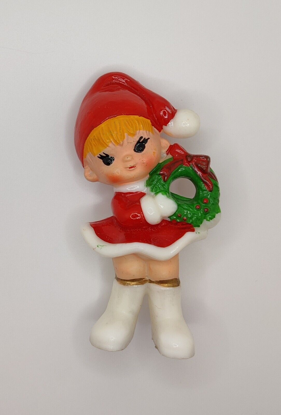 1950\'s Porcelain Girl Holding Wreath in Red Dress Christmas