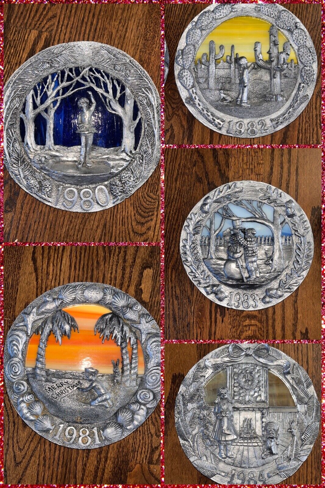 LOT OF 5 Michael Ricker Signed Pewter & Glass Christmas Plates 1980-1985