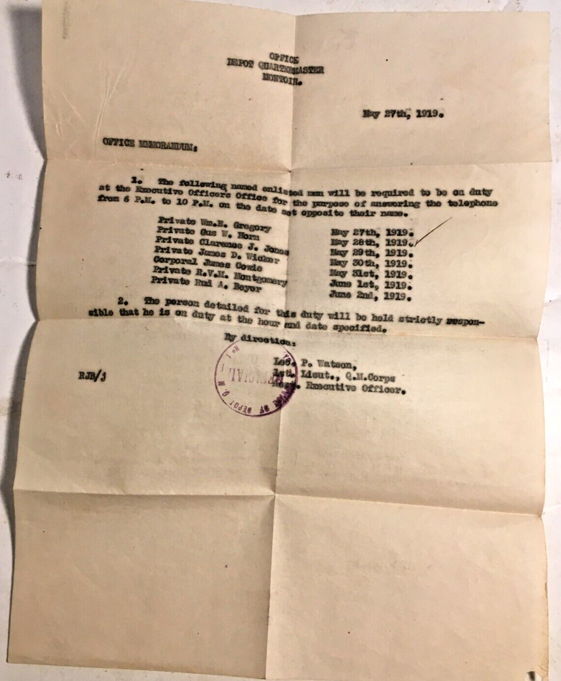 May 27th 1919 Duty Assignment Orders for Telephone Duty Pvt Gus Horn et al