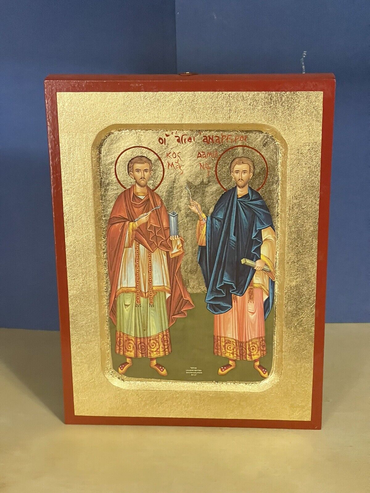 Holy Unmercenaries -GREEK RUSSIAN WOODEN ICON, CARVED WITH GOLD LEAVES 6x8 inch