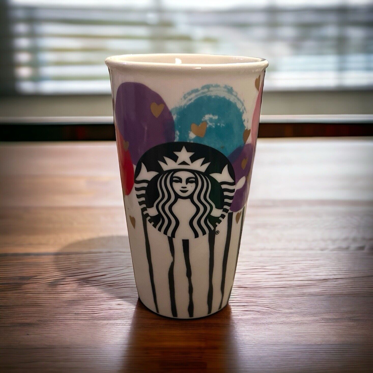 Starbucks Valentines Gold Hearts Balloons 12oz. Ceramic Travel Coffee Mug 2016.
