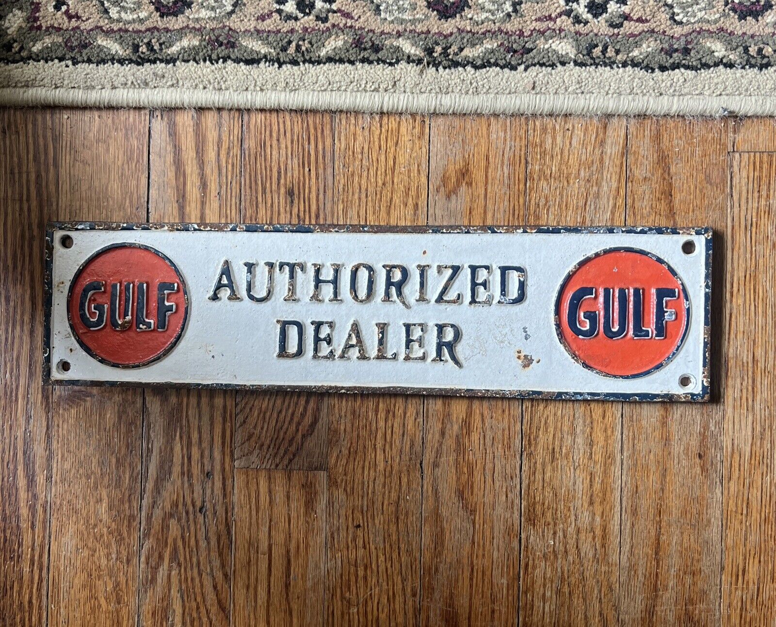 Gulf Authorized Dealer Cast Iron Sign Gas Oil Garage Vintage Wall Decor 15”x4”